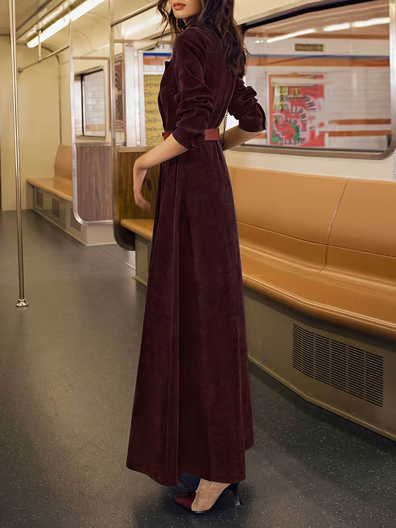 Long sleeve trench coat dress with double-breasted front, belted waist, and pockets — vintage autumn/winter style