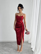 Mermaid evening gown with spaghetti straps, twist detail, and high slit — elegant, all-season formal wear