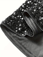 Black sequin crew-neck dress with long sleeves and back bowknot — ideal for parties and holiday events