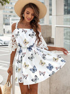 Off-shoulder butterfly print dress with lace sleeves, perfect for summer outings