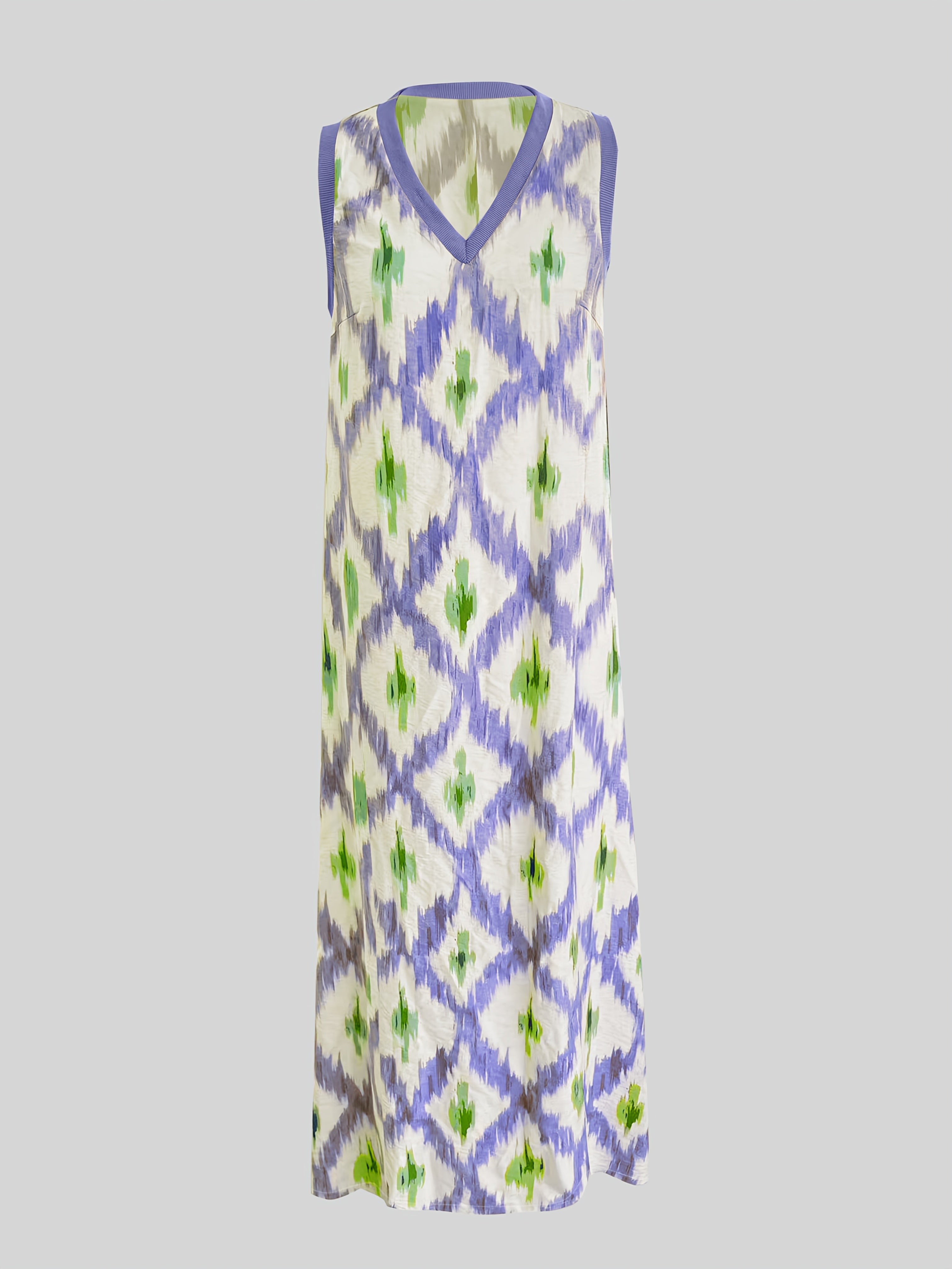 Sleeveless V-neck boho dress with loose fit and patchwork detail, perfect for casual and vacation wear