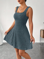 Ribbed dress set with hoodie shrug and sleeveless square-neck A-line dress, casual and versatile