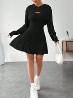 Ribbed dress set with hoodie shrug and sleeveless square-neck A-line dress, casual and versatile
