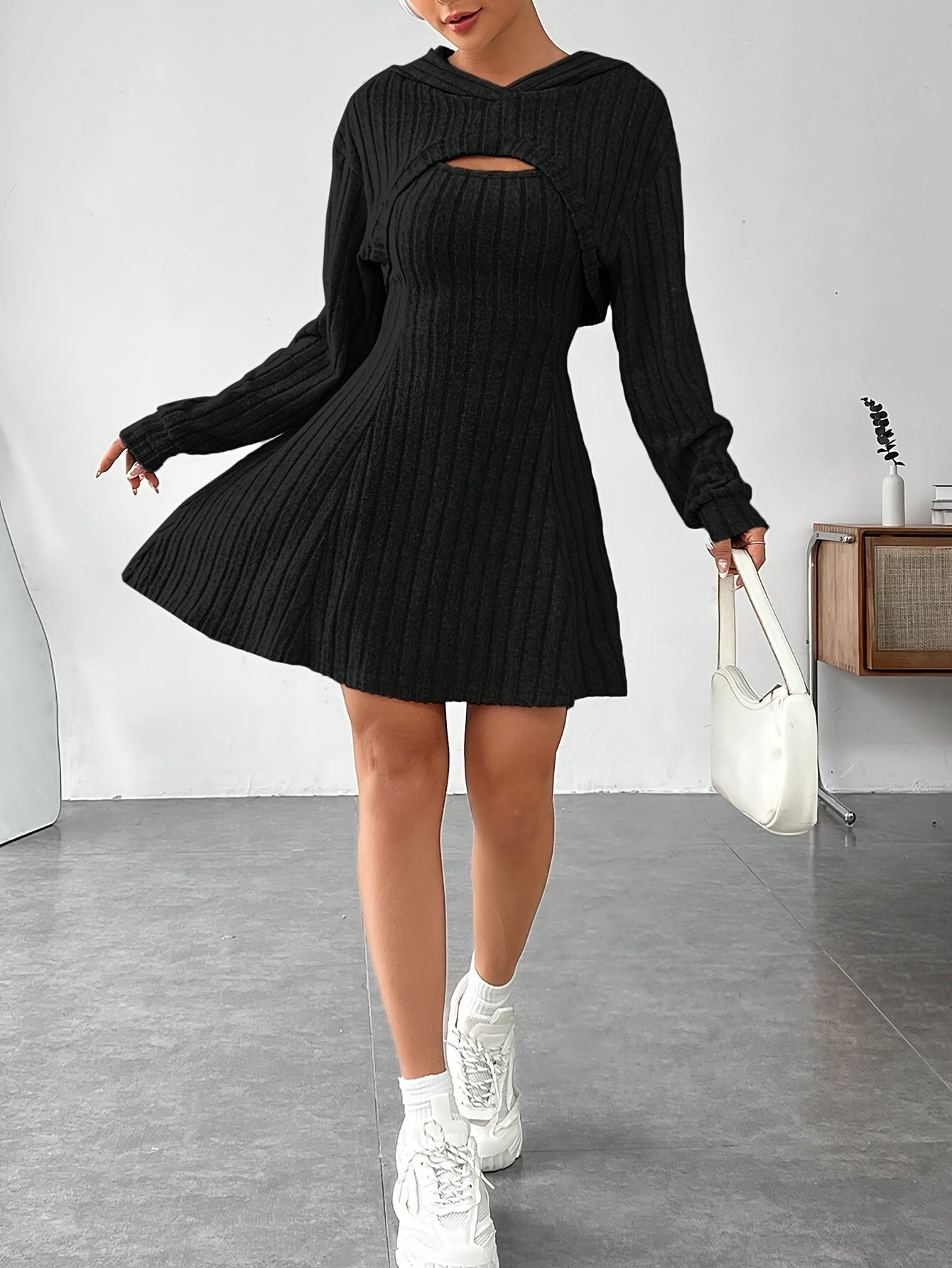 Ribbed dress set with hoodie shrug and sleeveless square-neck A-line dress, casual and versatile