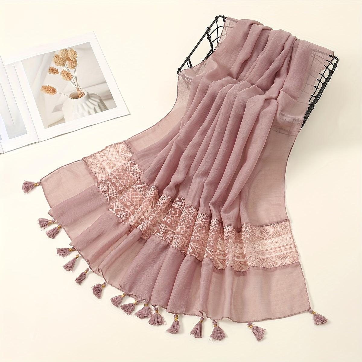 Eid Fashion Tassel Scarf – Hollow Lace Wrap for Women