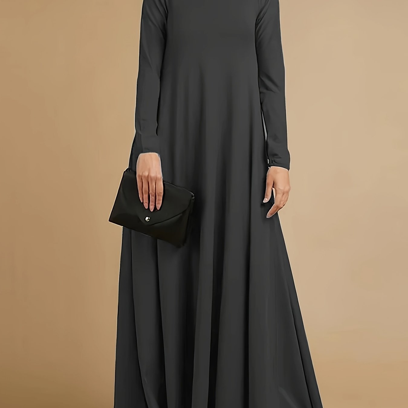 High-neck, long-sleeve loose-fit maxi dress — casual abaya style, suitable for all seasons