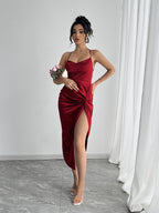 Mermaid evening gown with spaghetti straps, twist detail, and high slit — elegant, all-season formal wear