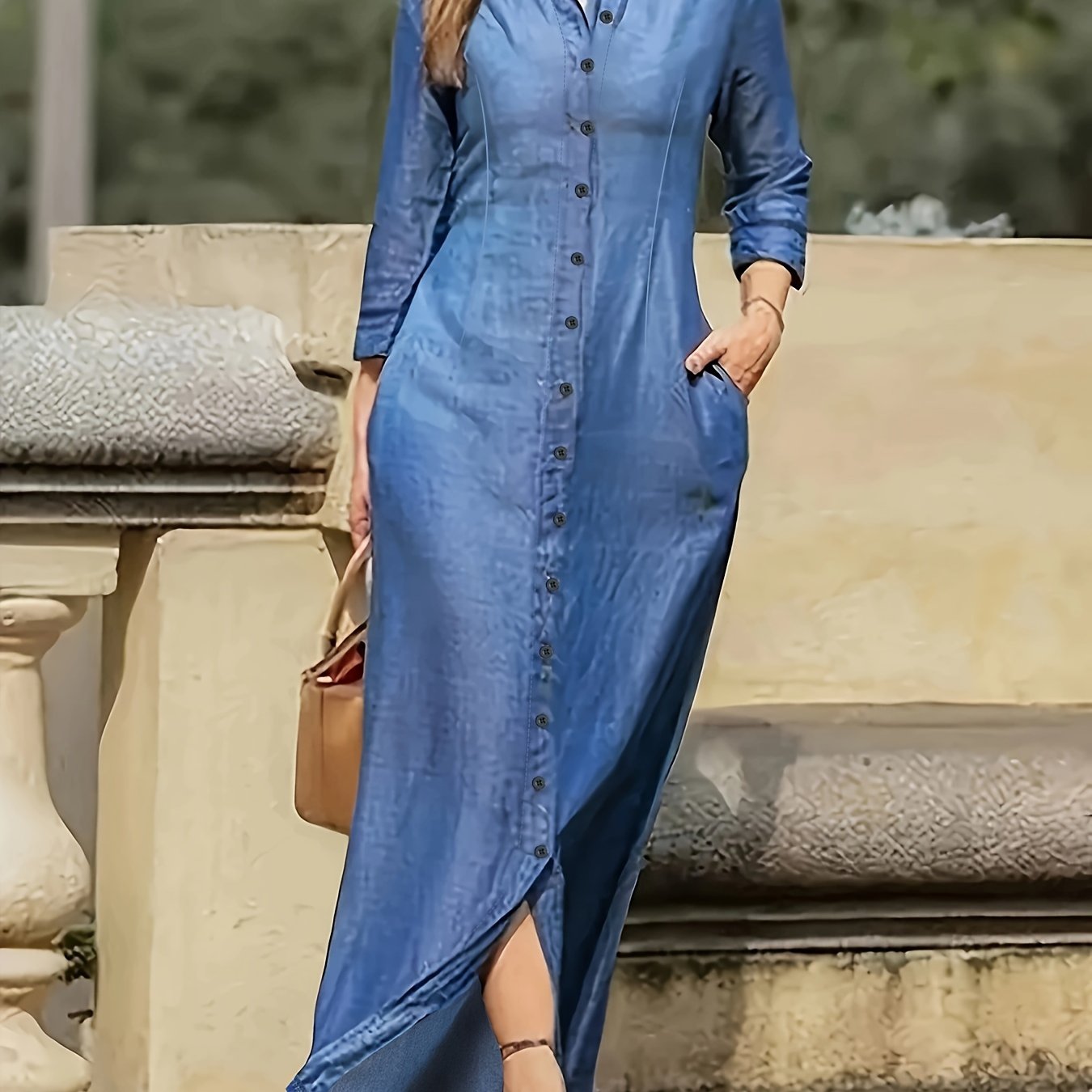 Solid maxi dress with button-front and long sleeves — casual, elegant, and comfortable