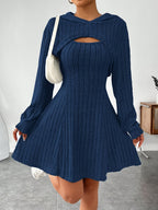 Ribbed dress set with hoodie shrug and sleeveless square-neck A-line dress, casual and versatile