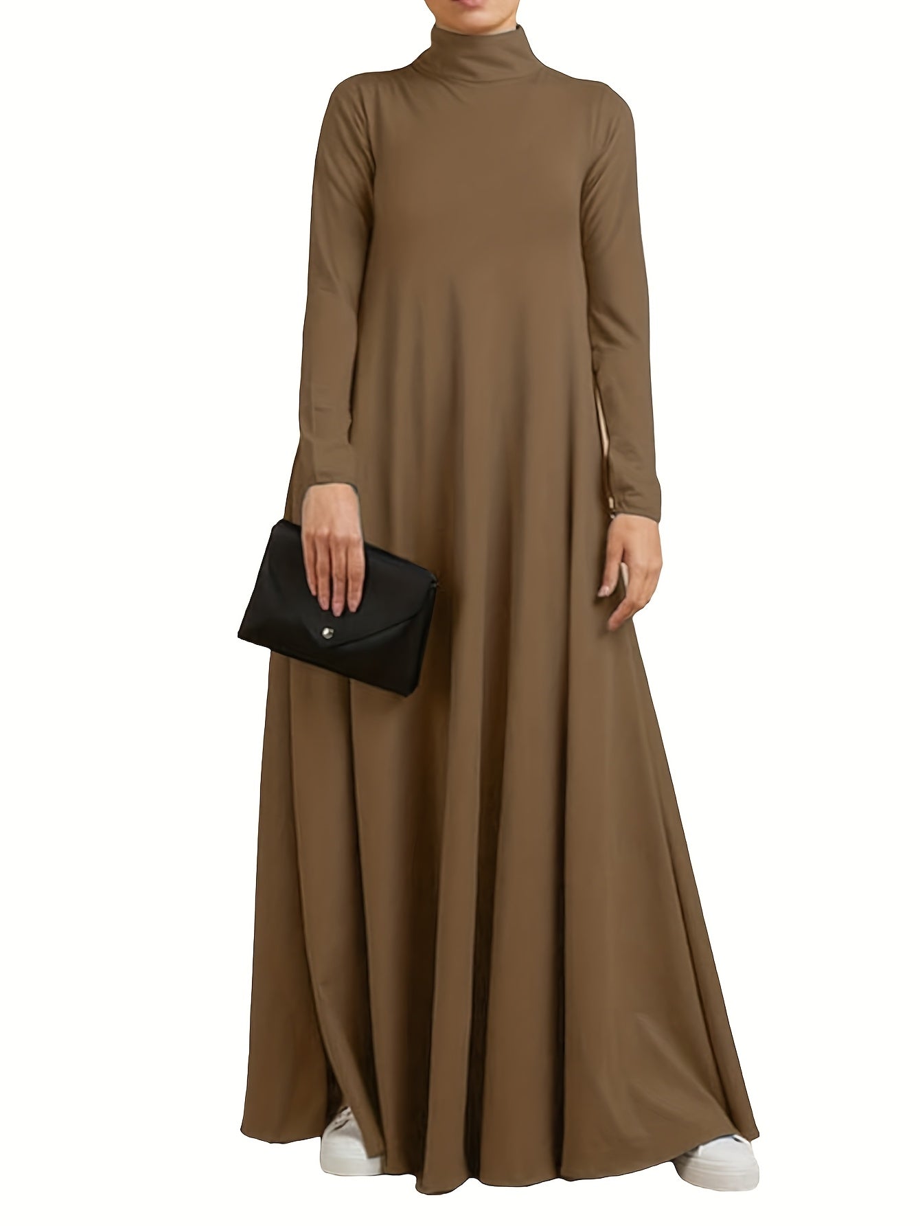 High-neck, long-sleeve loose-fit maxi dress — casual abaya style, suitable for all seasons