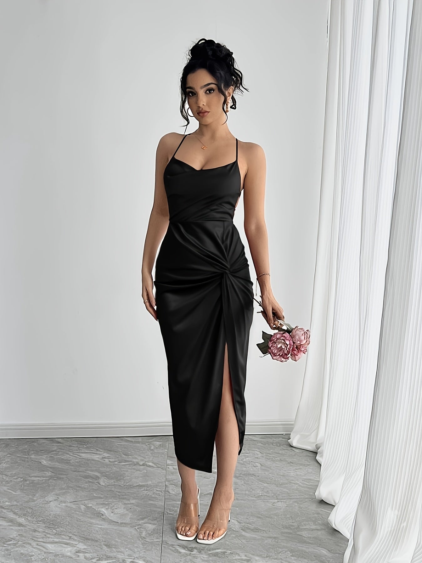 Mermaid evening gown with spaghetti straps, twist detail, and high slit — elegant, all-season formal wear