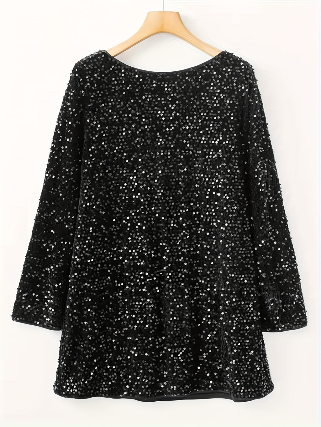 Black sequin crew-neck dress with long sleeves and back bowknot — ideal for parties and holiday events