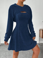 Ribbed dress set with hoodie shrug and sleeveless square-neck A-line dress, casual and versatile